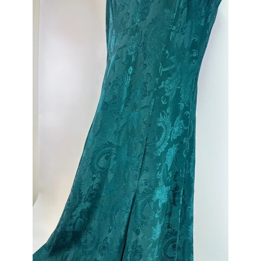 Victorias Secret Gold Label Emerald Green Satin Maxi Slip Gown Floral Jacquard L